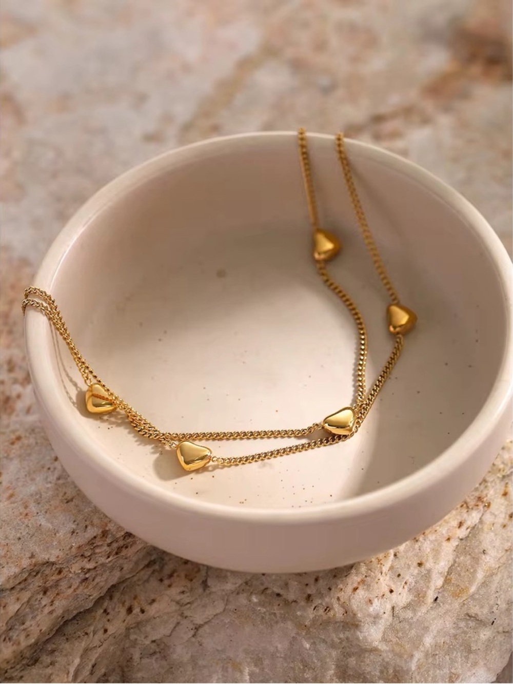 18K Gold Plated Double Layer Heart Charm Anklet - Picture 2 of 7